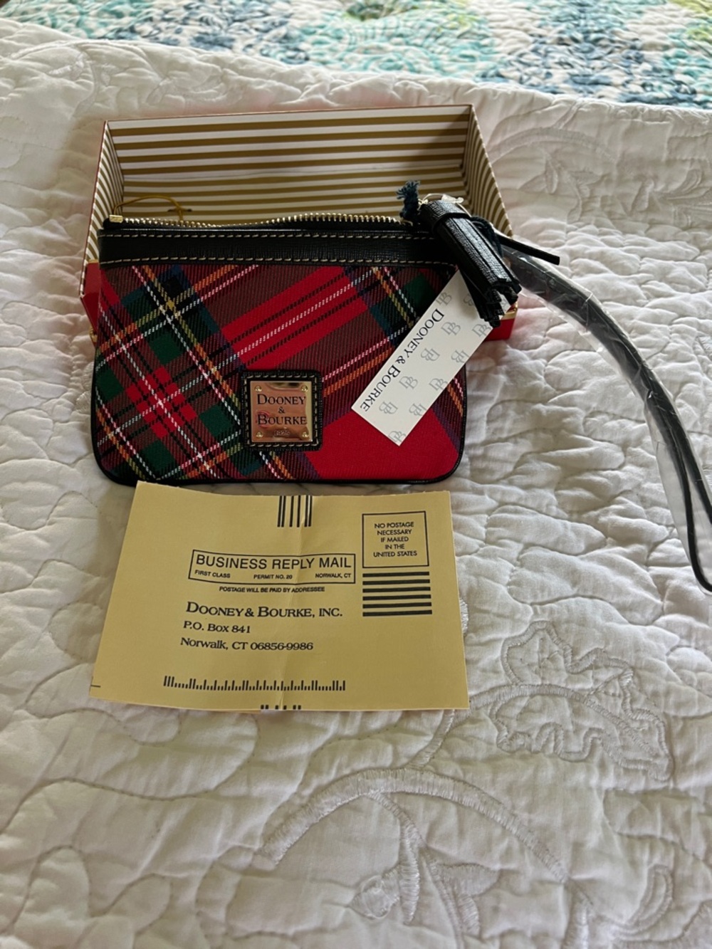 Dooney & Bourke Red Tartan Wristlet with Black Trim.NWT. Sz-4”x6”